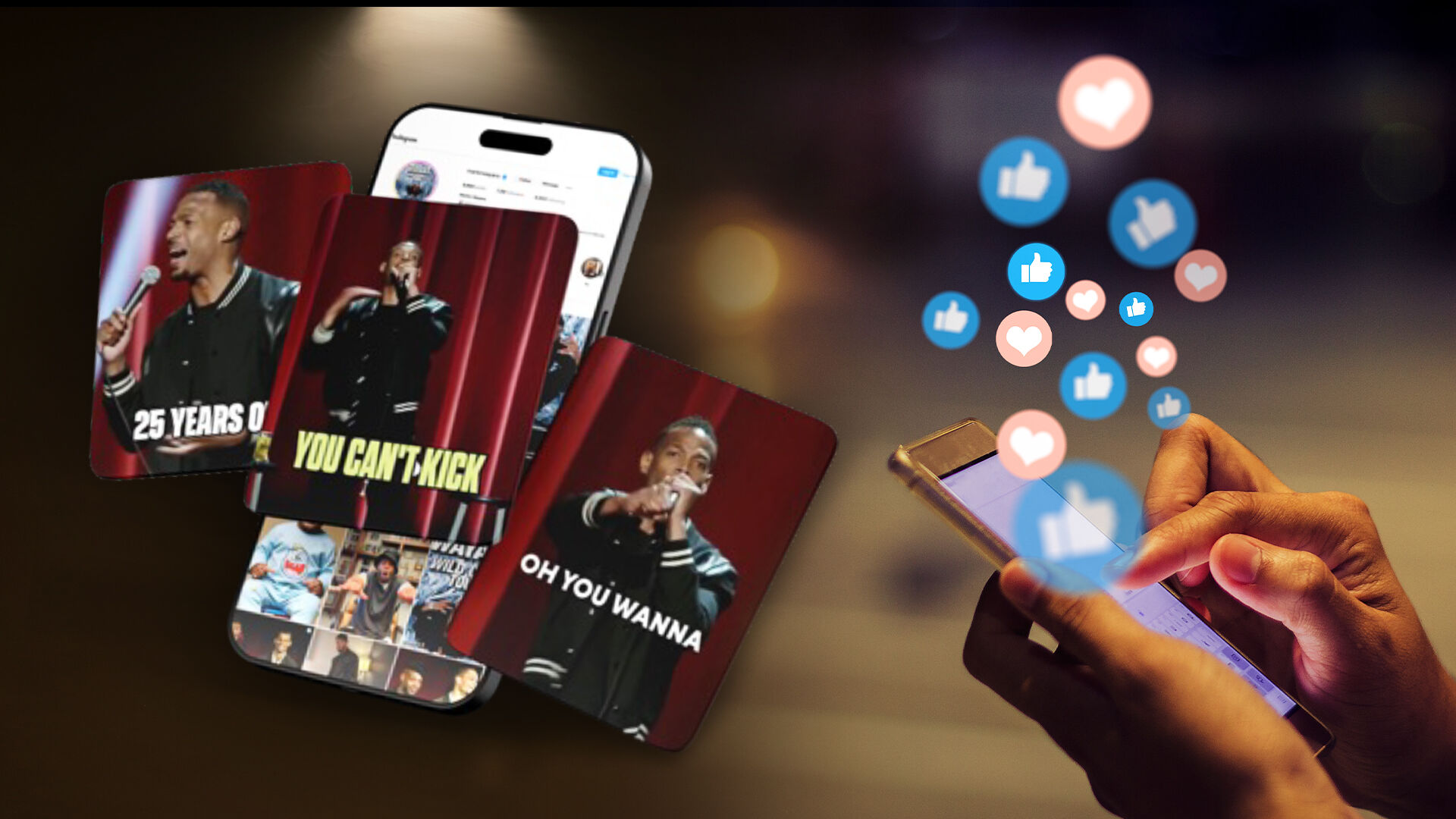 A smartphone displaying a comedian on social media, with captions like "25 years of" and "You can't kick." Hands holding a phone with floating likes and hearts.
